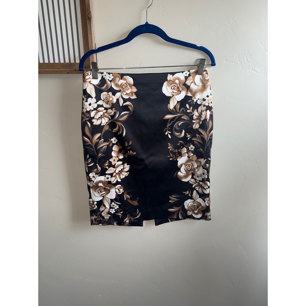 White House Black Market Floral Satin Pencil Skirt Black Tan Brown Size 6